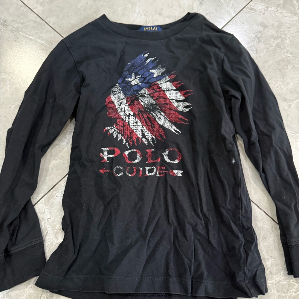 Polo by Ralph Lauren Kids Black Long Sleeve Tee with Flag Graphic